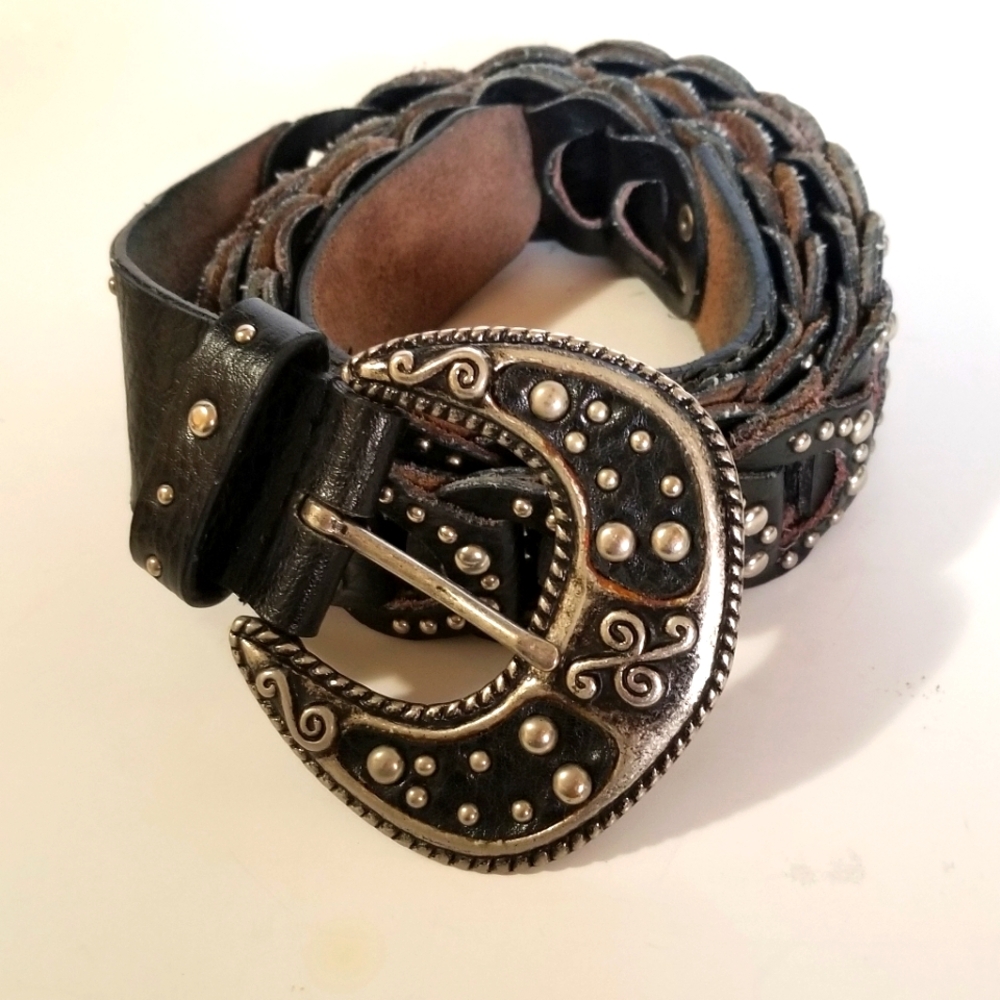 Nine West Studded Black Leather Belt with Silver Buckle. Size: Large.